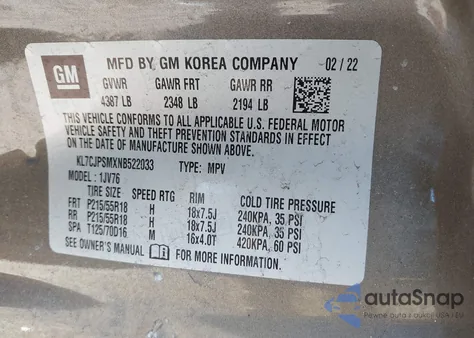 2022 Chevrolet Trax Awd Lt from USA, damaged, VIN KL7CJPSMXNB522033